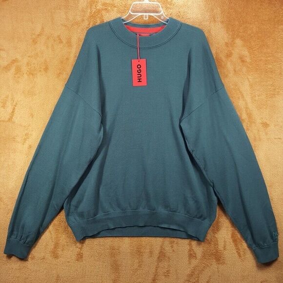 HUGO BOSS Sweater Mens XXL Green Pullover Crew 100% Cotton Logo SAN MATIA $178 - Picture 2 of 9